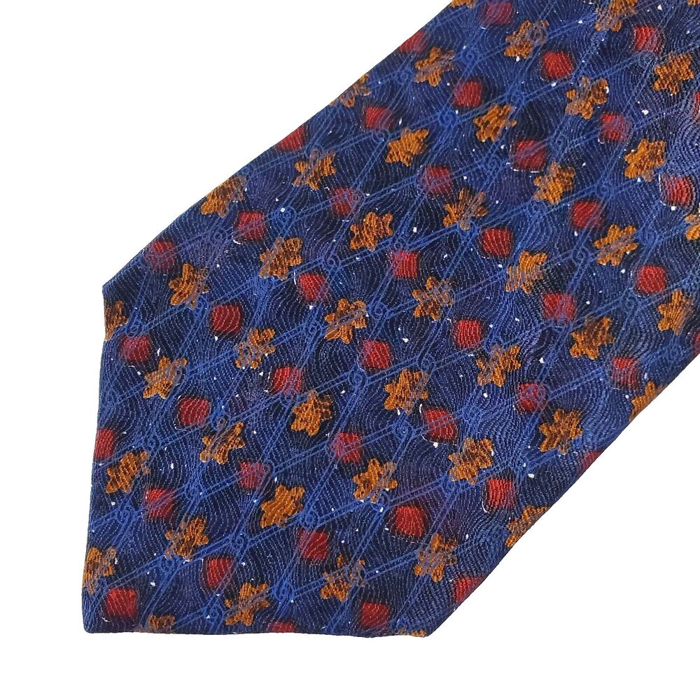 Brandini Navy Blue Red Gold Floral 100% Silk Neck Tie Made in USA A181